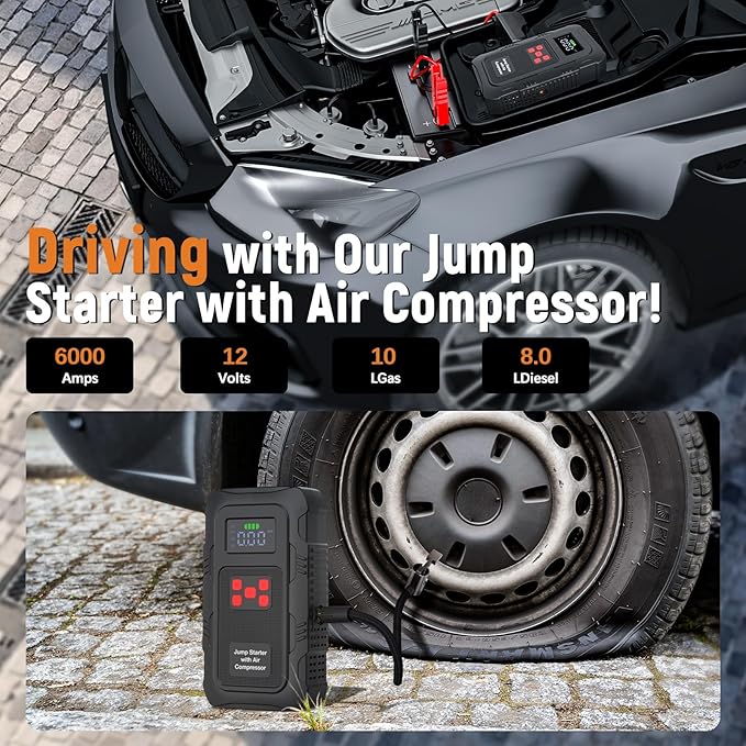 HPBS 6000A Jump Starter with Air Compressor, Portable Car Battery Jump Starter - Image 2