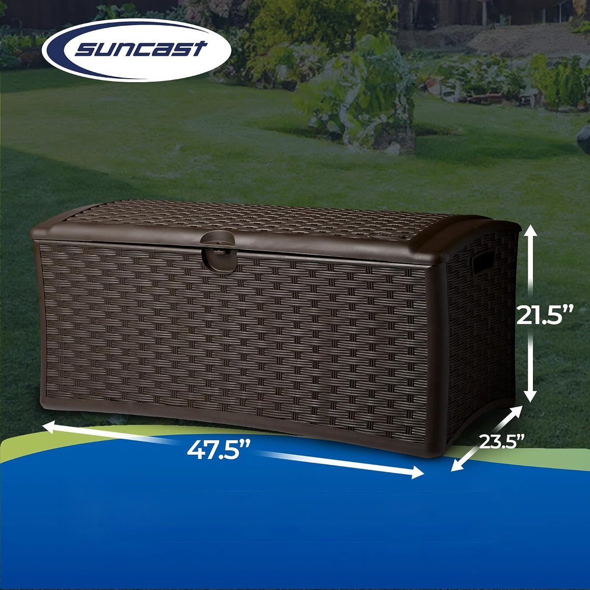 suncast 72 gallon resin outdoor patio storage box, side view