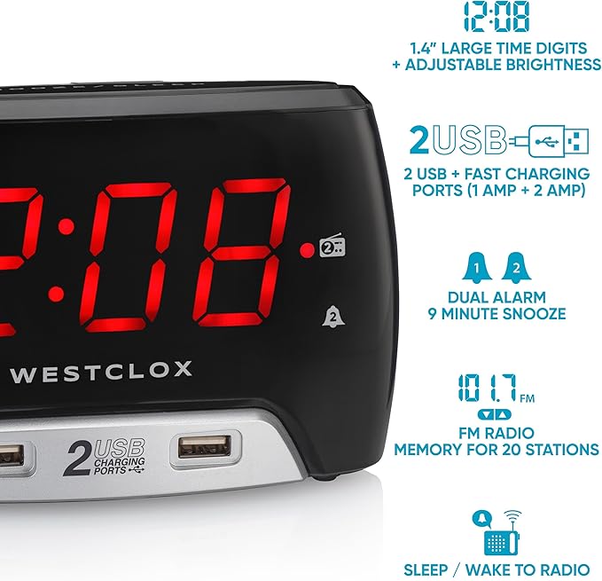 Westclox Large 1.4” Red LED Digital FM Clock Radio - Image 7