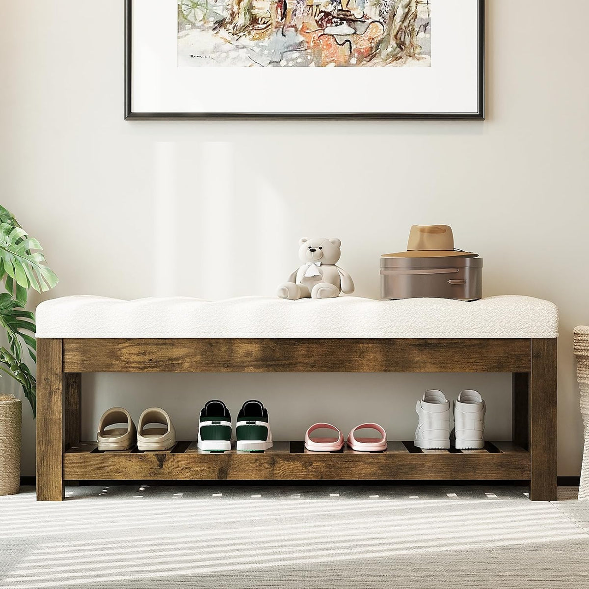 47.2" upholstered ottoman bench with wood storage shelf, close-up detail