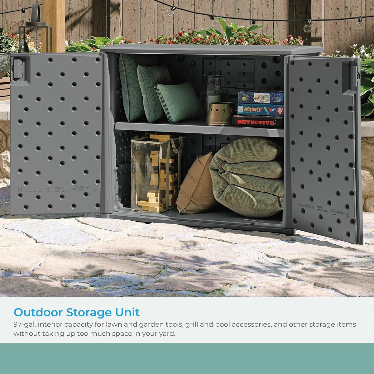 suncast lockable outdoor cabinet storage for patio, garden, close-up detail