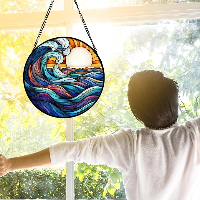 DASTOLL Stained Glass Window Hanging, Big Wave Sun Suncatcher Diamond Glass - Image 4