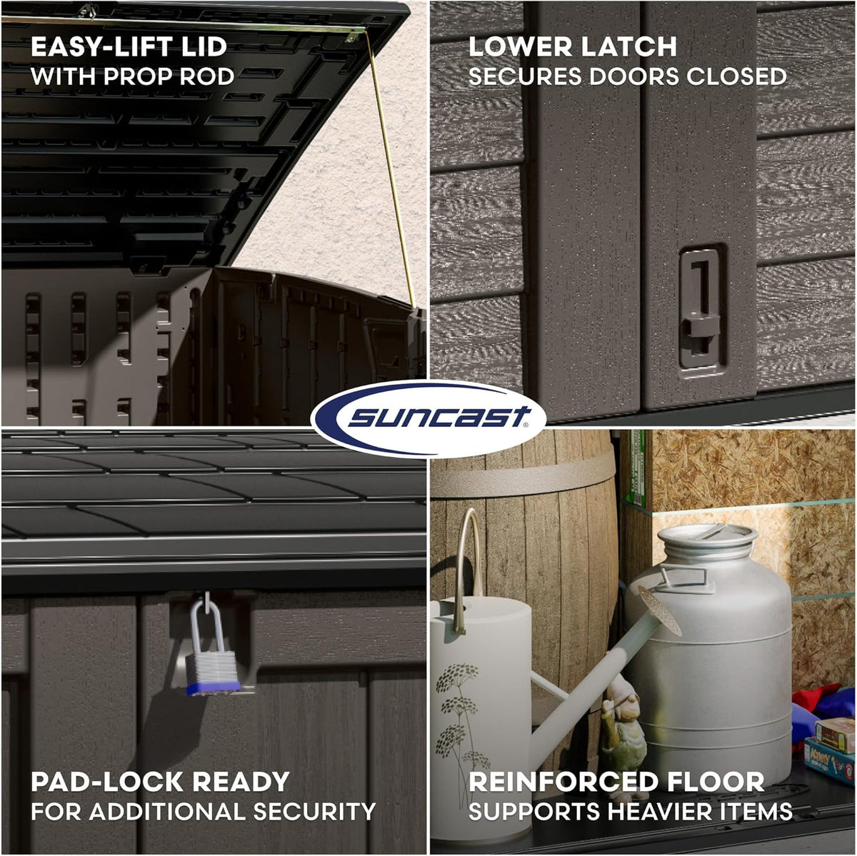 suncast 5.9 ft. x 3.7 ft horizontal stow-away, package contents