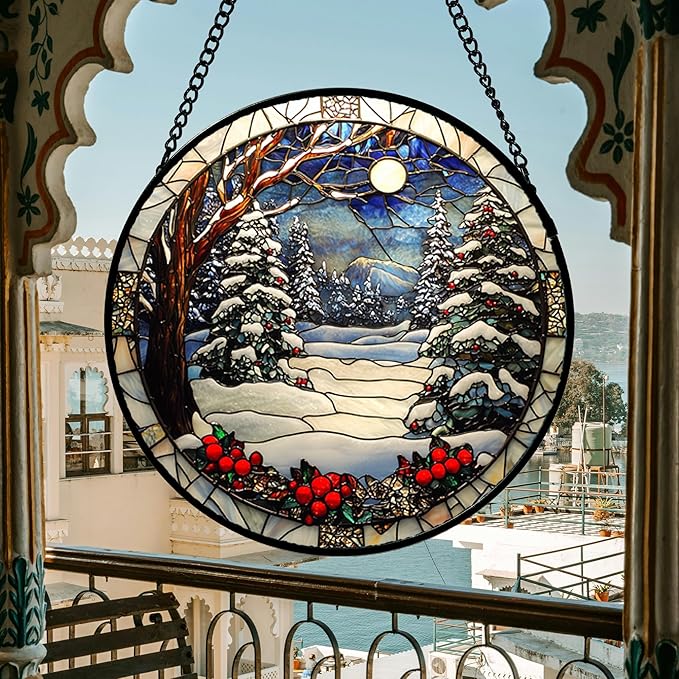 DASTOLL Stained Glass Window Hanging Christmas Tree Winter Snow Night Scenery - Image 7