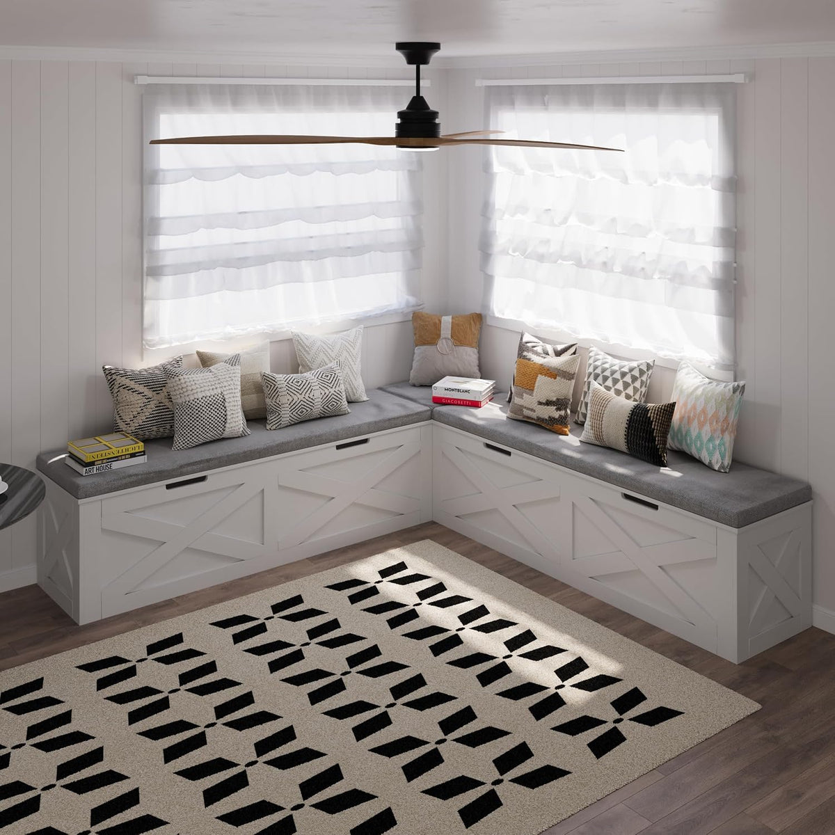 bobve l-shape storage bench with cushion, backless corner shown in use