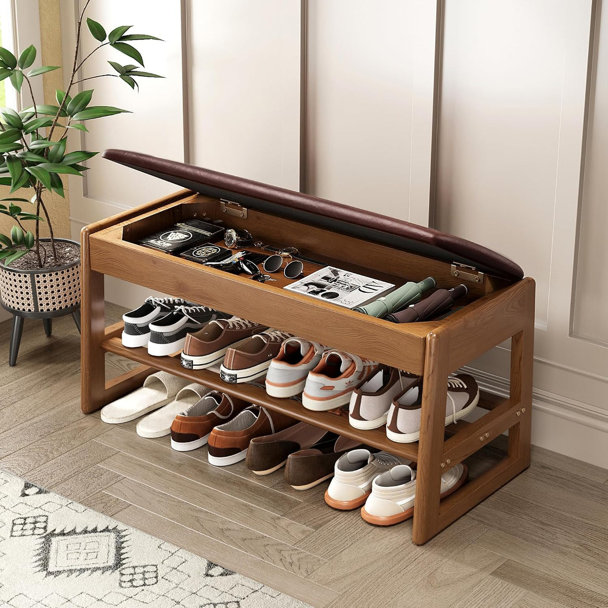 shoe rack bench with hidden storage, 2‑tier solid, main product view