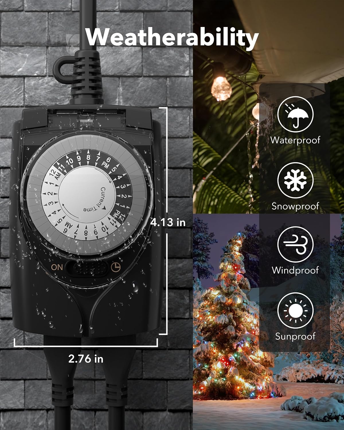 HBN Outdoor Timer Outlet Waterproof, 24 Hour Mechanical Light Timers for Electrical Outlets Outdoor Weatherproof, 2 Grounded Outlets for Christmas Lights, Holiday Decorations, 15A 1/2HP