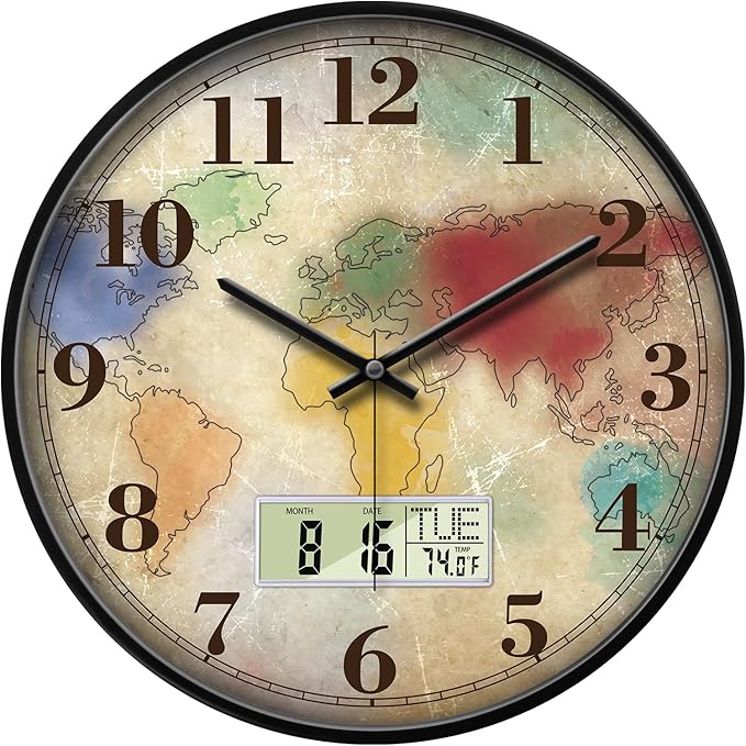 Modern Round Retro Digital and Analog Wall Clock Silent Calendar Colorful World by SCOAGE