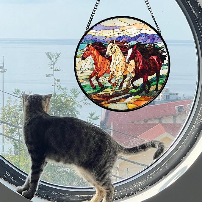 DASTOLL Stained Glass Window Hanging, Colorful Landscape Running Horse - Image 4