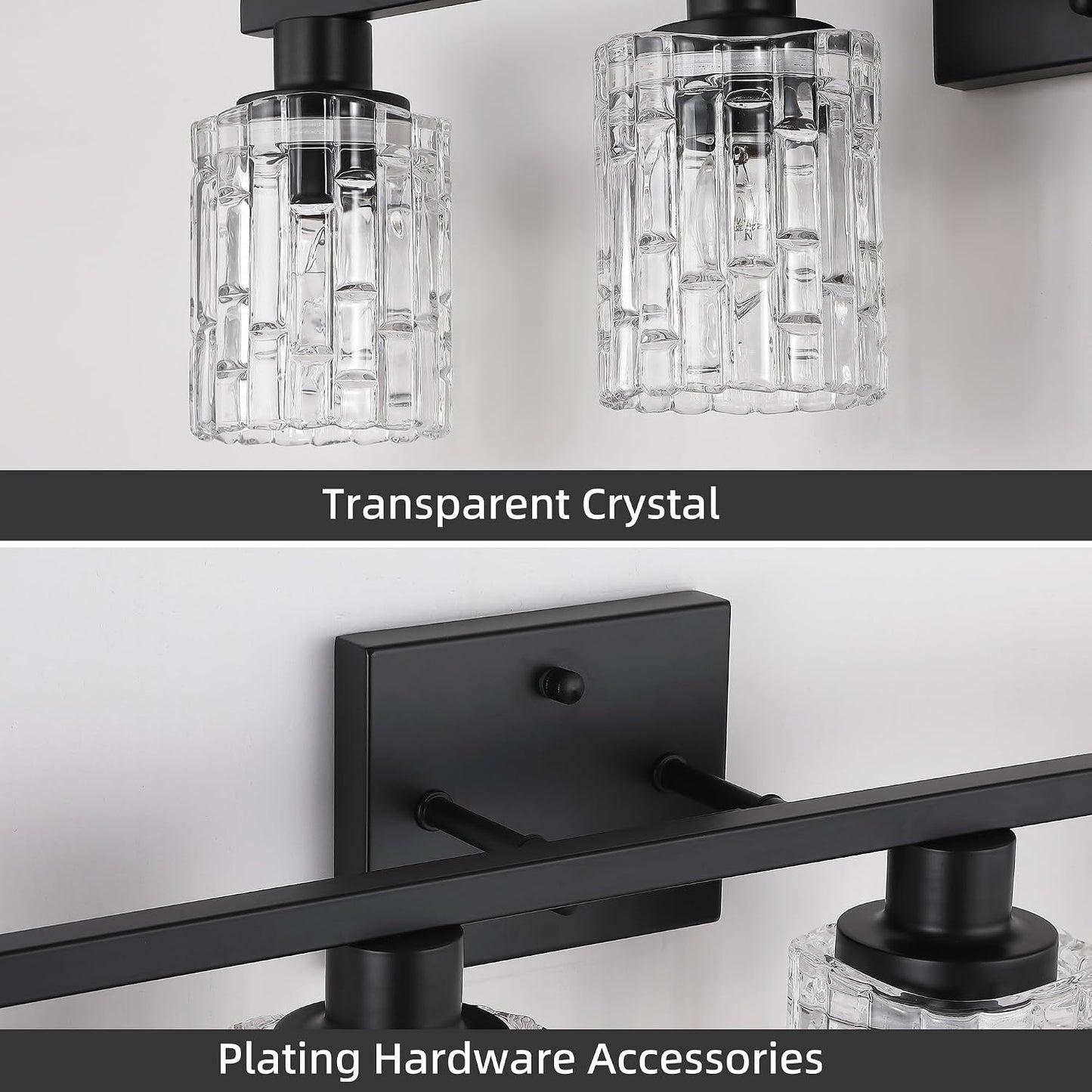 4 Light Matte Black Bathroom Vanity Light Over Mirror, Modern Vanity Lighting with Crystal Glass Shade, Wall Mount Bathroom Light Fixtures, E26 Base