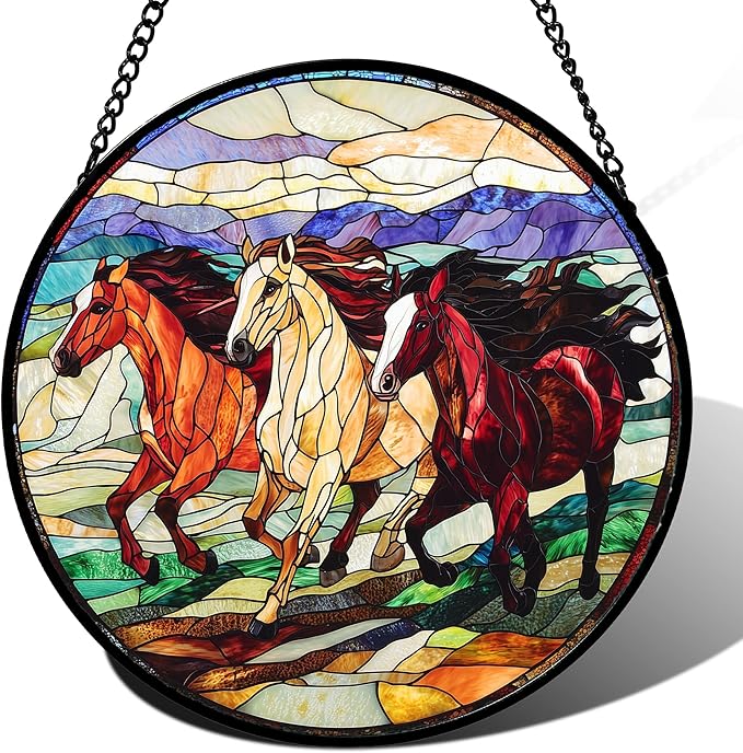 DASTOLL Stained Glass Window Hanging, Colorful Landscape Running Horse by DASTOLL