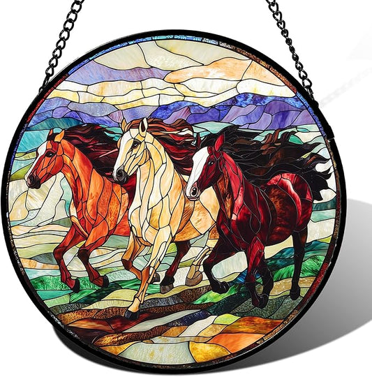 DASTOLL Stained Glass Window Hanging, Colorful Landscape Running Horse by DASTOLL