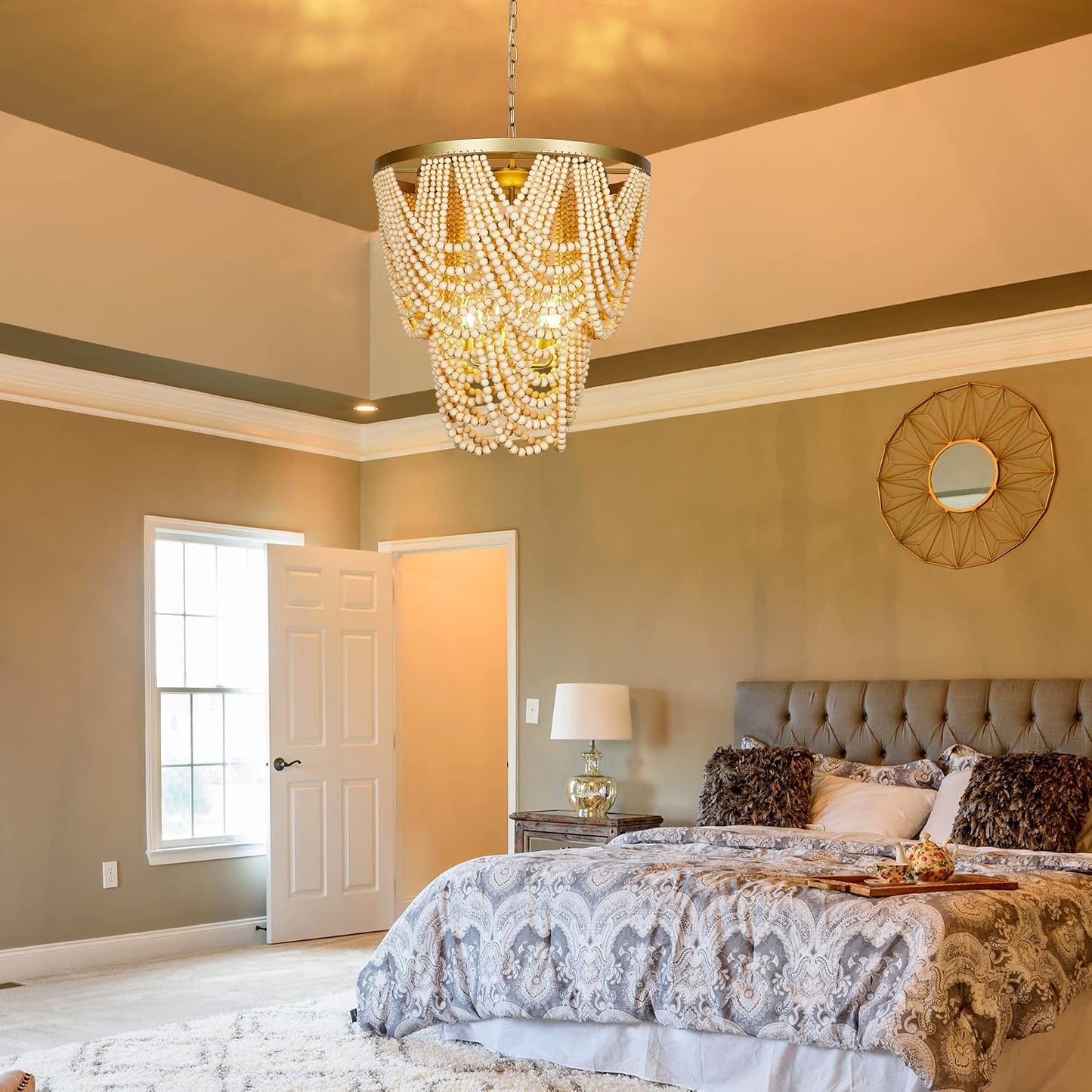 6-Light Bohemia Wood Beaded Chandelier for Dining Room, Coastal Pendant Light for Bedroom, Modern Farmhouse Light Fixtures for Entryway, Gold and Oak Finish