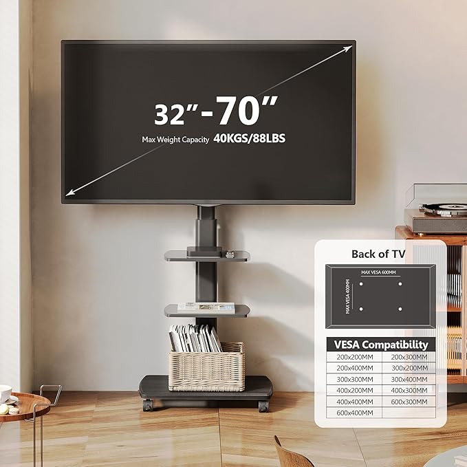 FITUEYES Swivel Rolling TV Stand, Height Adjustable Mobile TV Cart - Image 2