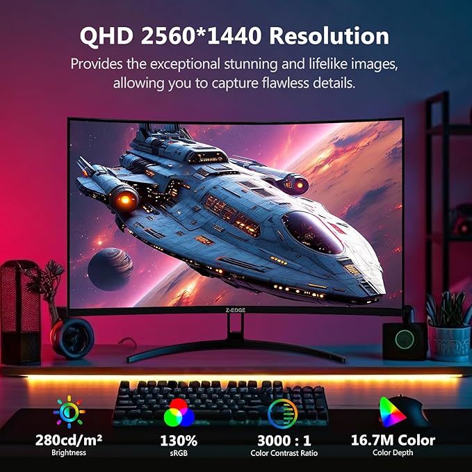 Z-Edge 32 inch Curved Gaming Monitor, QHD 1440P 180Hz 165Hz 144Hz Curved Monitor - Image 3