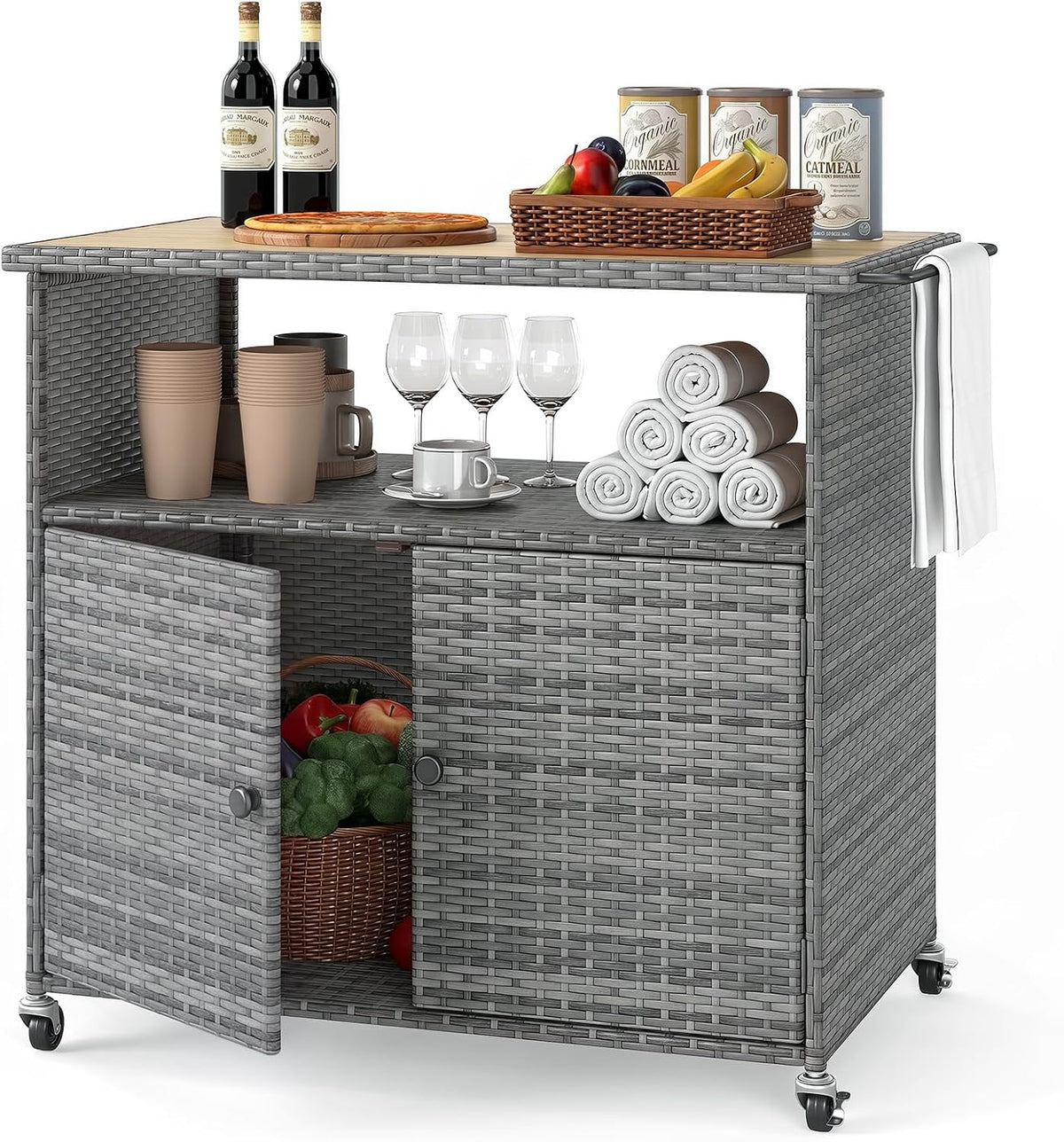 happygrill outdoor storage cabinet with wheels, pe rattan shown in use