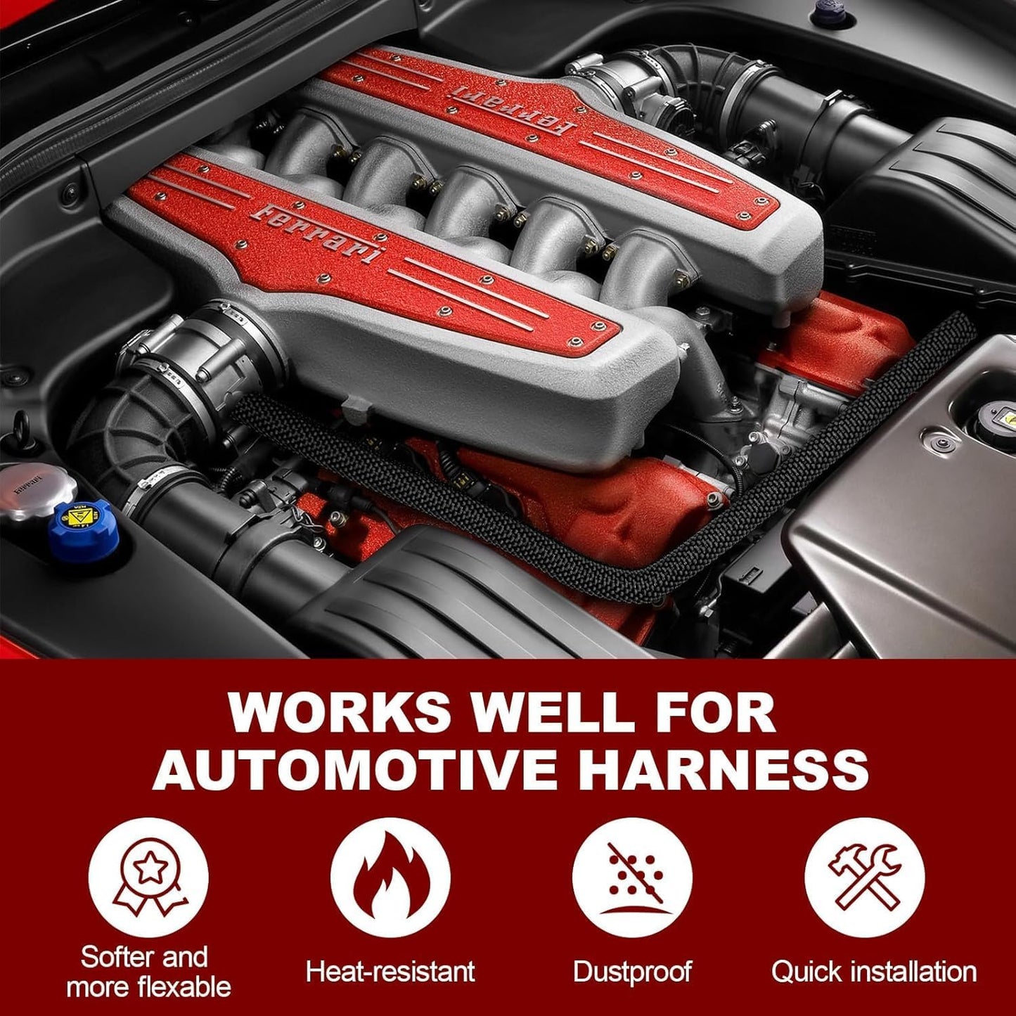 Automotive Wire Loom High Temperature Braided Wire Loom, Split-Sleeve Heat Resistant Wiring Loom Cord Cover for Harness Wires, Self-Wrapping Heavy Duty Sheathing Cable Management (1/2"-30Feet)