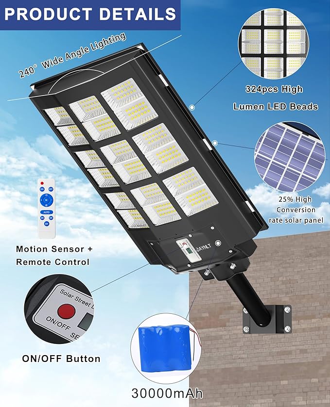 JAYNLT Y-3600W Solar Street Lights Outdoor, 360000LM 6500K Parking Lot Lights - Image 6
