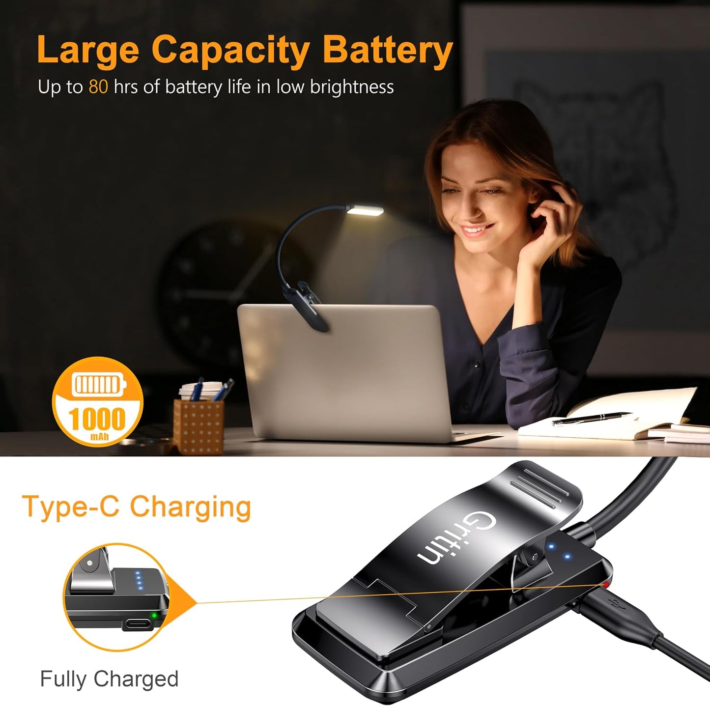 Gritin 9 LED Rechargeable Book Light for Reading in Bed | Eye Caring 3 Color Temps,Stepless Dimming Brightness,80 Hrs Runtime Small Lightweight Clip On Book Reading Light for Studying