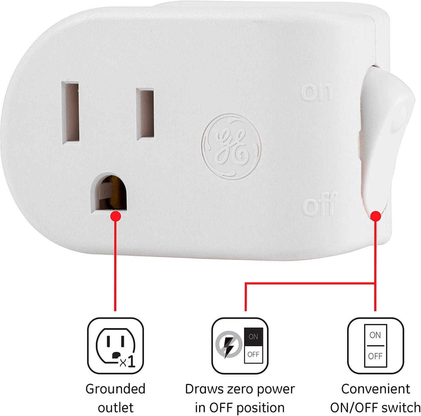 GE Grounded On/Off Power Switch, Plug-In, White, Energy Efficient, Space Saving Design, UL Listed, 15A, 120VAC, 1800W, 25511 | Space Saving Design, UL Listed, 15A, 120VAC, 1800W, White, 25511