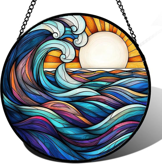DASTOLL Stained Glass Window Hanging, Big Wave Sun Suncatcher Diamond Glass by DASTOLL