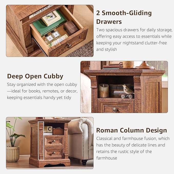 Farmhouse Nightstand with Charging Station, Wooden Sofa Table w/Roman Column - Image 5