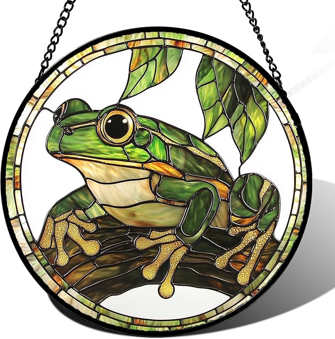 DASTOLL Stained Glass Window Hanging, Frog Green Leaf Sun Catchers Colorful by DASTOLL