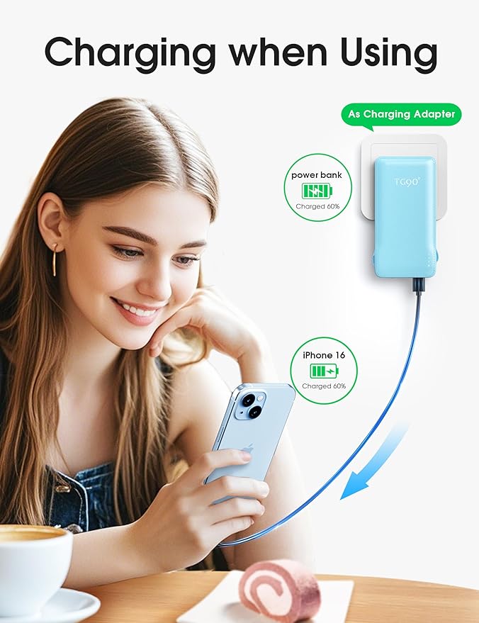 TG90° 10000mAh Power Bank with Built-in AC Wall Plug and Cables, Ultra Slim - Image 7