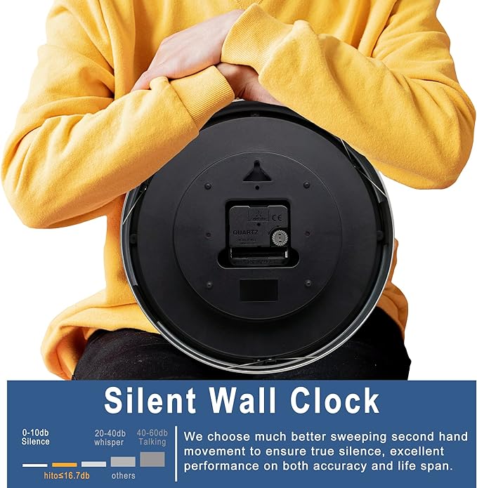 HITO 12 Inch Silent Wall Clock Battery Operated Non Ticking Glass Cover Silver - Image 5