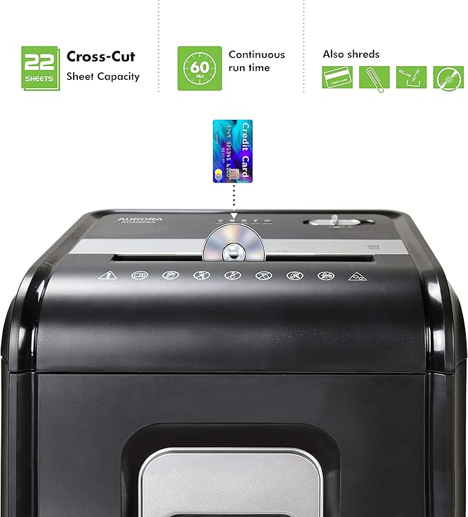 Aurora AU2260XA Heavy Duty Anti-Jam 22-Sheet Crosscut Shredder/60 Min Run Time/ - Image 2