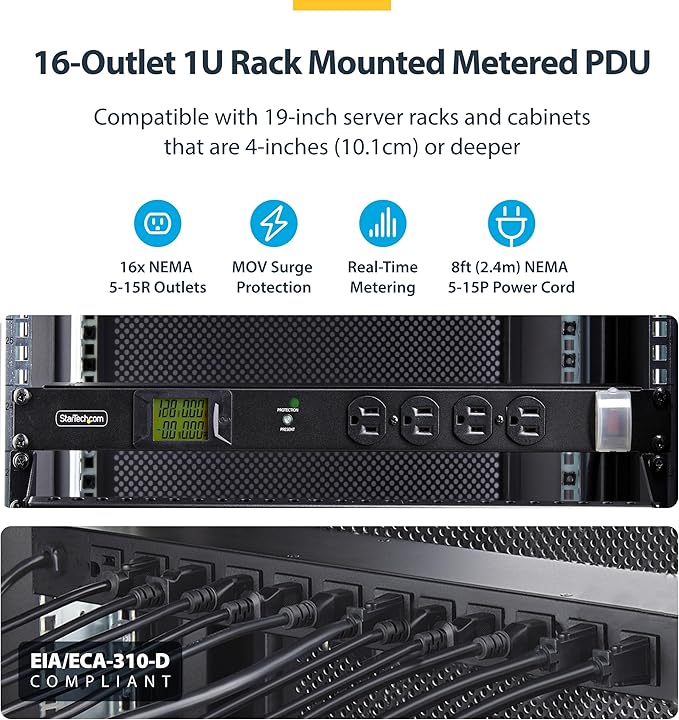 StarTech.com 16-Outlet Horizontal Rack Mount Metered PDU, 1U Server Power Strip - Image 3