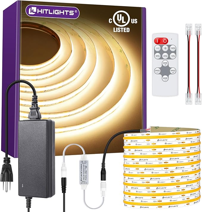 HitLights COB LED Strip Lights Kit Warm White 3000K, Dimmable Tape Light by HitLights