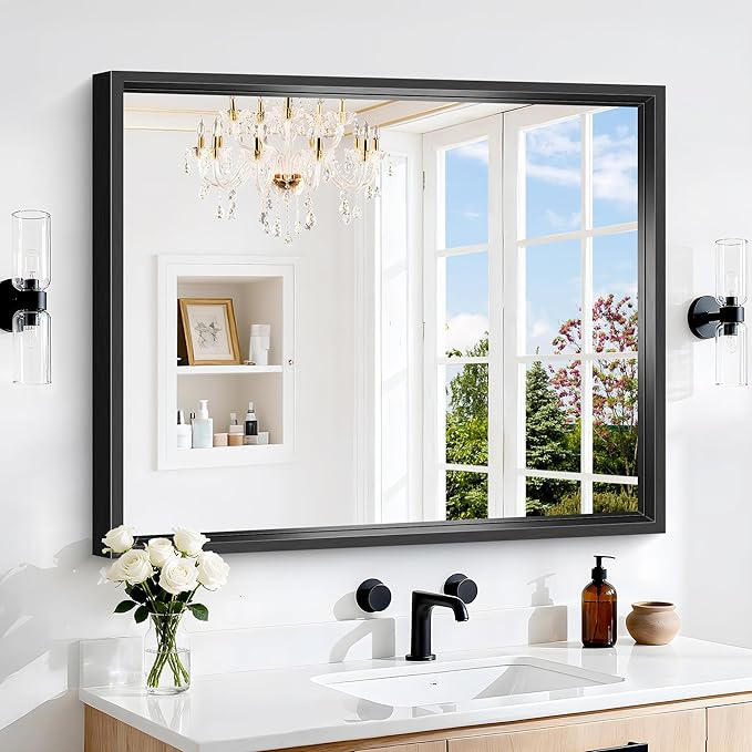 Black Bathroom Mirror, 36 x 30 Inch Brushed Black Rectangle Mirrors by WelcometoCIVENO