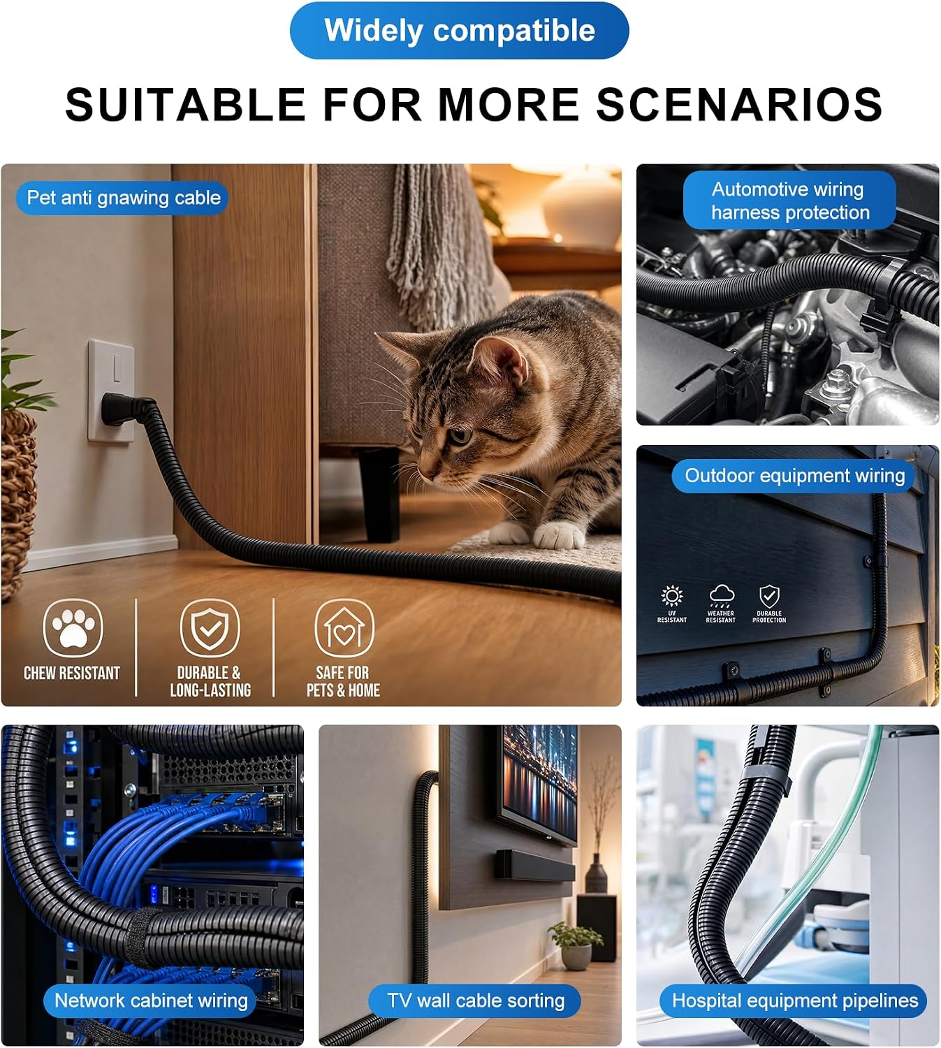 3/5" Wire Loom,Cable Sleeve for Cats, Dogs, Rabbits (3/5" x20 FT - Black) | Open slit,100% new Polypropylene,-22°F to 257°F,cord protectors from pets no chew,wire covers