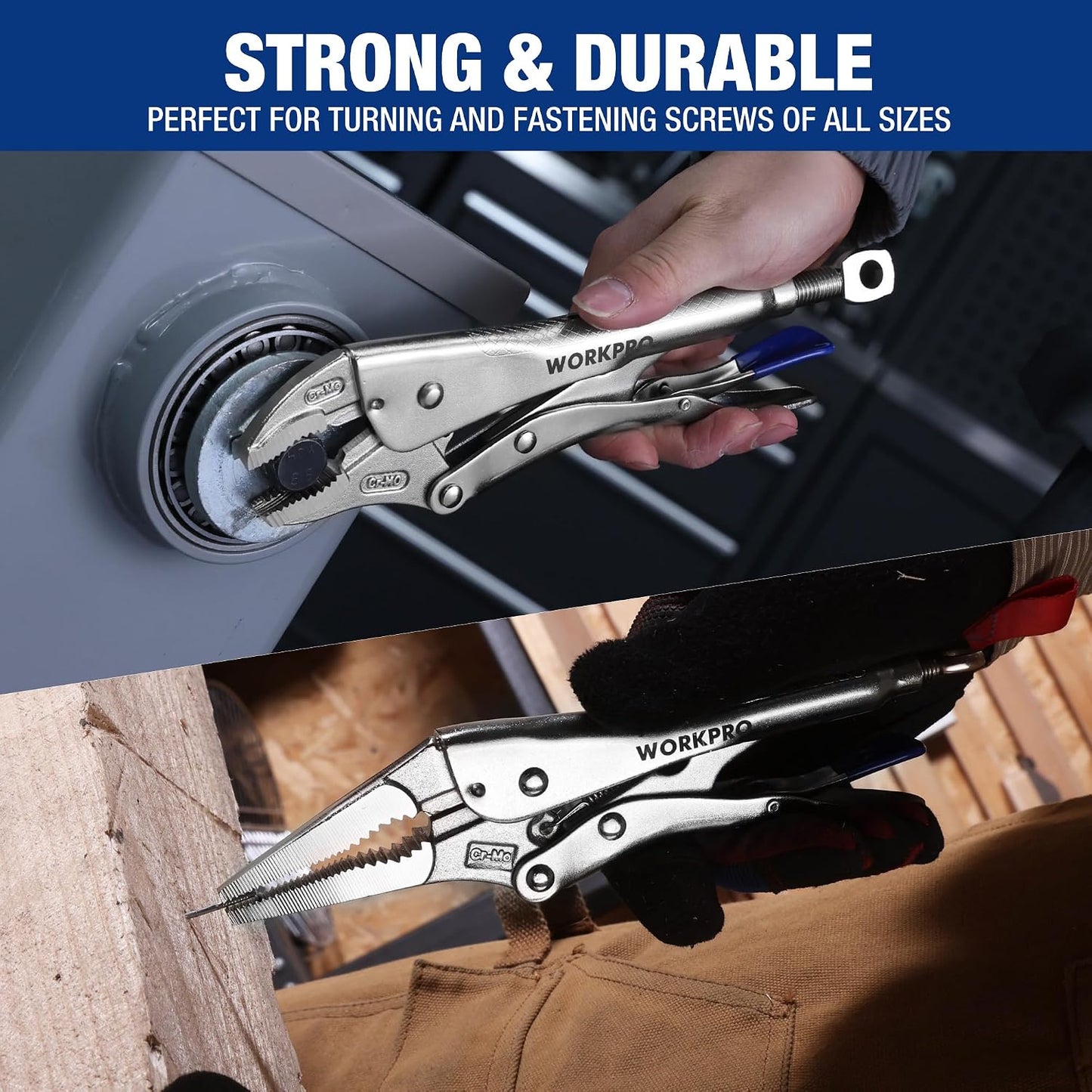WORKPRO 5-Piece Locking Pliers Set, 5"/7"/10" Curved Jaw & 6.5"/9.5" Long Nose, CR-MO Steel Construction with Perforated Screw, Multipurpose Clamping Tool Kit for Automotive, Welding, and Home DIY
