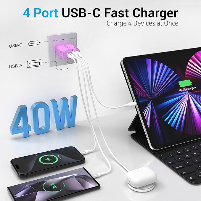 TT&C USB C Block 40W, 4 Ports Wall Plug Fast Charging Block, PD+QC Multiport - Image 4