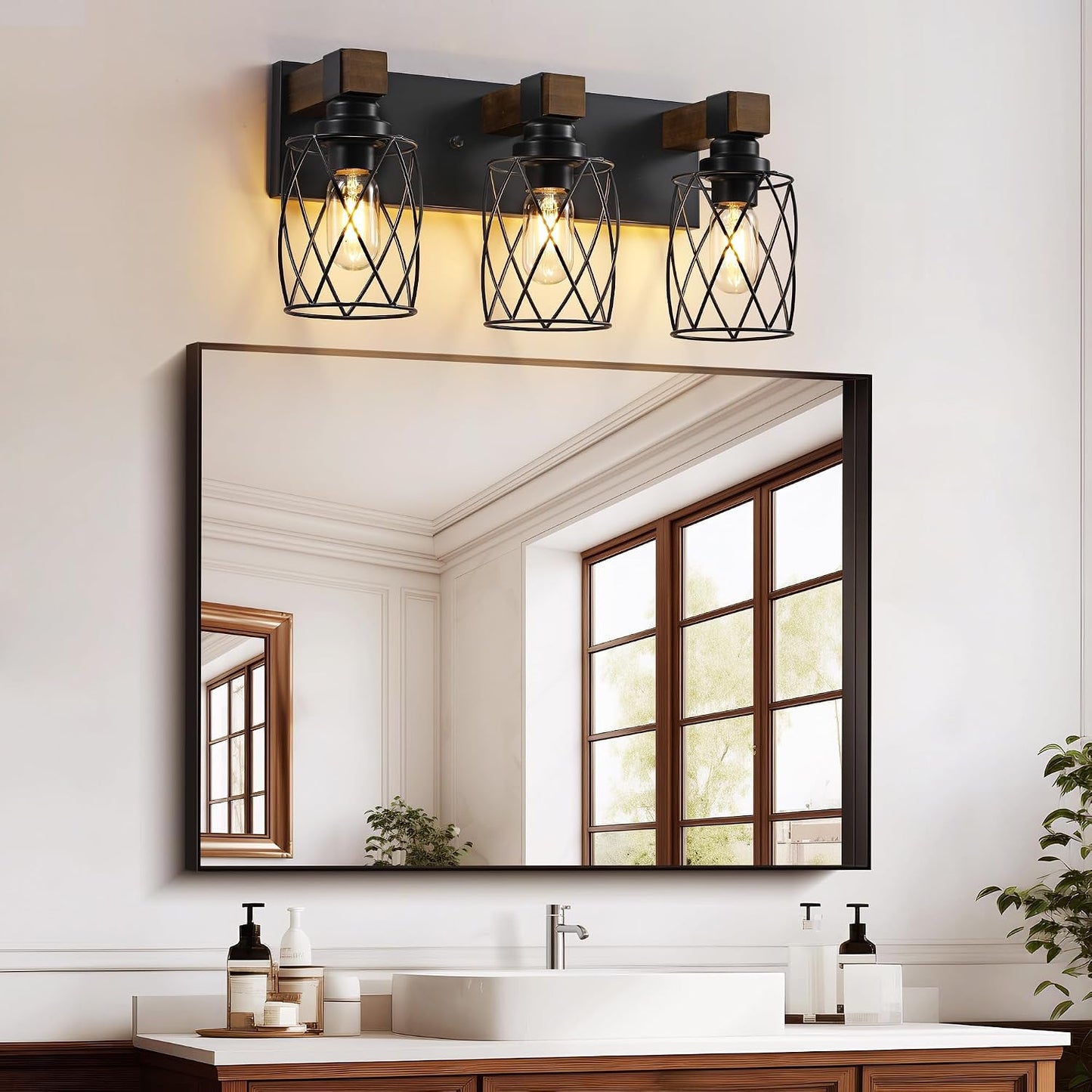 Farmhouse 3-Light Wood Bathroom Vanity Light, Black Metal Cage Shade | Mounted Over Mirror, Industrial Rustic Style, Ideal for Bathroom, Bedroom, Hallway & Living Room, Easy To Install