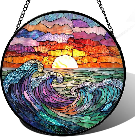 DASTOLL Stained Glass Window Hanging, Clouds and Sea Waves Suncatcher Diamond by DASTOLL