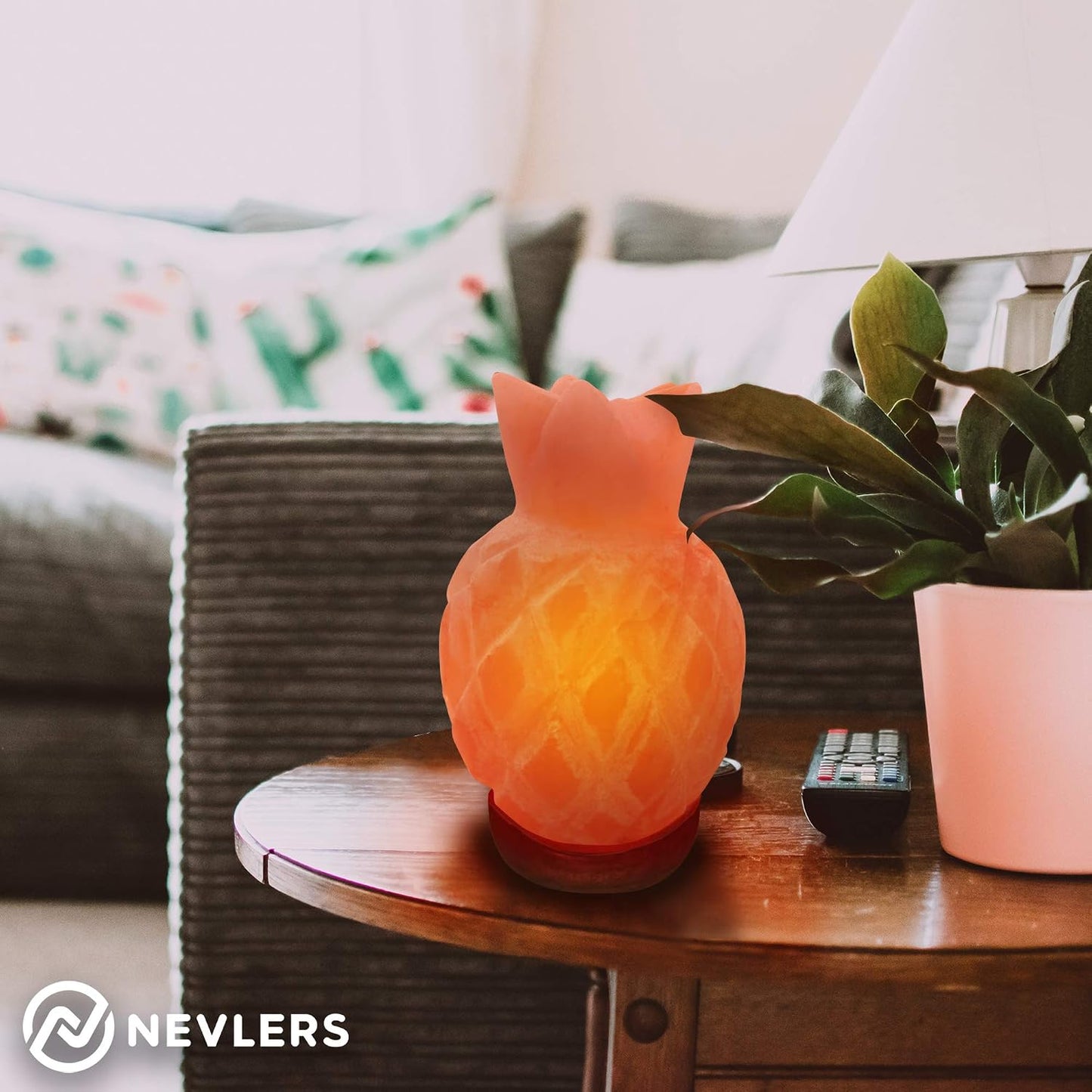 Nevlers Pineapple Shape Pink Himalayan Salt Lamp w/Wood Base for Home Decor | 7-8 lbs & 7"- 8" Tall Himalayan Pink Salt Lamp w/Dimmer Cord & Light Bulb | 100% Salt Rock Lamp | Ambient Salt Crystal Lamp