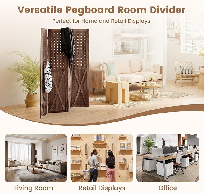 ALeesing 4 Panel Pegboard Wood Room Divider, 5.6Ft Pegboard Display Folding - Image 5
