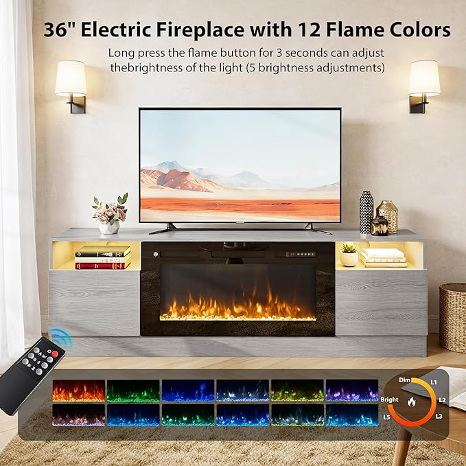 YISUFO 70" TV Stand with 36" Electric Fireplace, Large Modern Media - Image 3