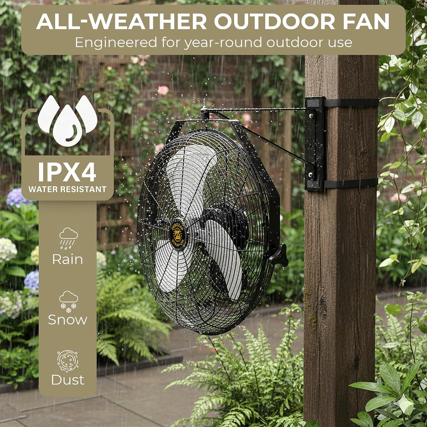 ZeboZap 18" Outdoor Fan | Outdoor Fans for Patios Waterproof, Wall Mounted Fan for Gazebo, Covered Patio, Greenhouse & Workshop, IP44 Waterproof, 4000 CFM, 3-Speed, 10 ft Power Cord, ETL Certified