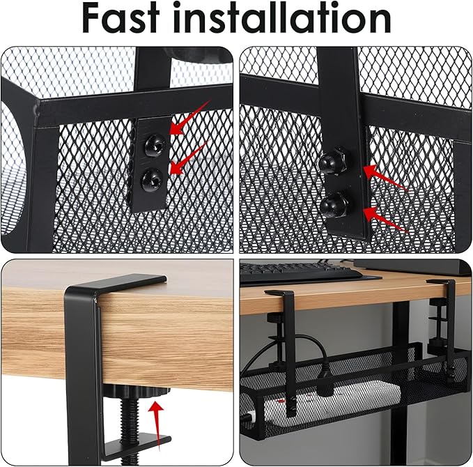 2 Pack Under Desk Cable Management Tray, 15 Inch No Drill Metal Mesh Organizer - Image 6