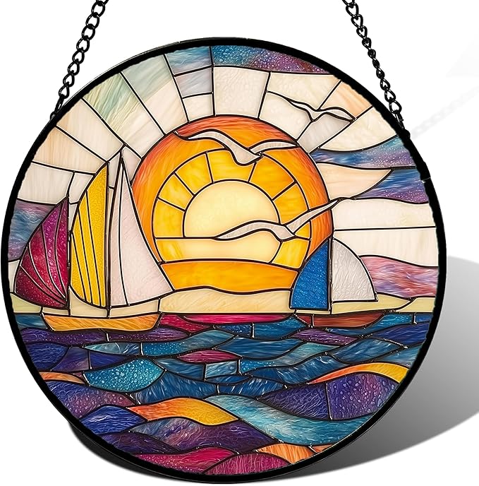 DASTOLL Stained Glass Window Hanging, Sailboat and Waves Suncatcher Diamond by DASTOLL