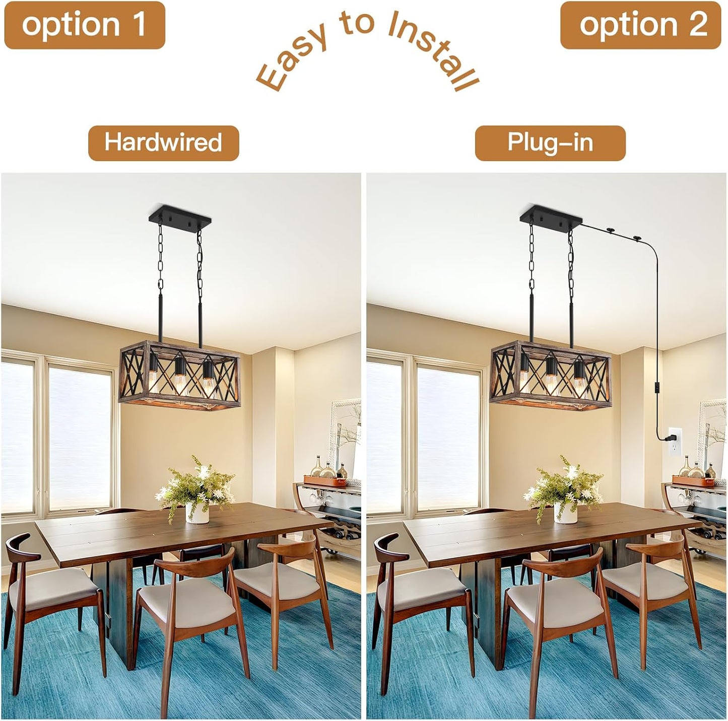 KEESFU Farmhouse Plug in Kitchen Lighting Fixtures Ceiling, 3 Lights Kitchen Pendant Light with 14.7ft Cord, Rustic Dining Room Light for Living Room Foyer Dining Table Over Sink. (Wood Grain Color)