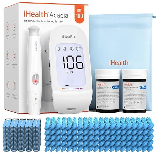 iHealth Acacia Blood Glucose Monitor Kit, 100 Glucometer Strips, 100 Lancets by iHealth