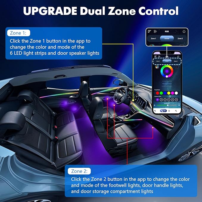 2026 Upgraded Acrylic Interior Car LED Strip Light Dual-Zone Wireless App - Image 5