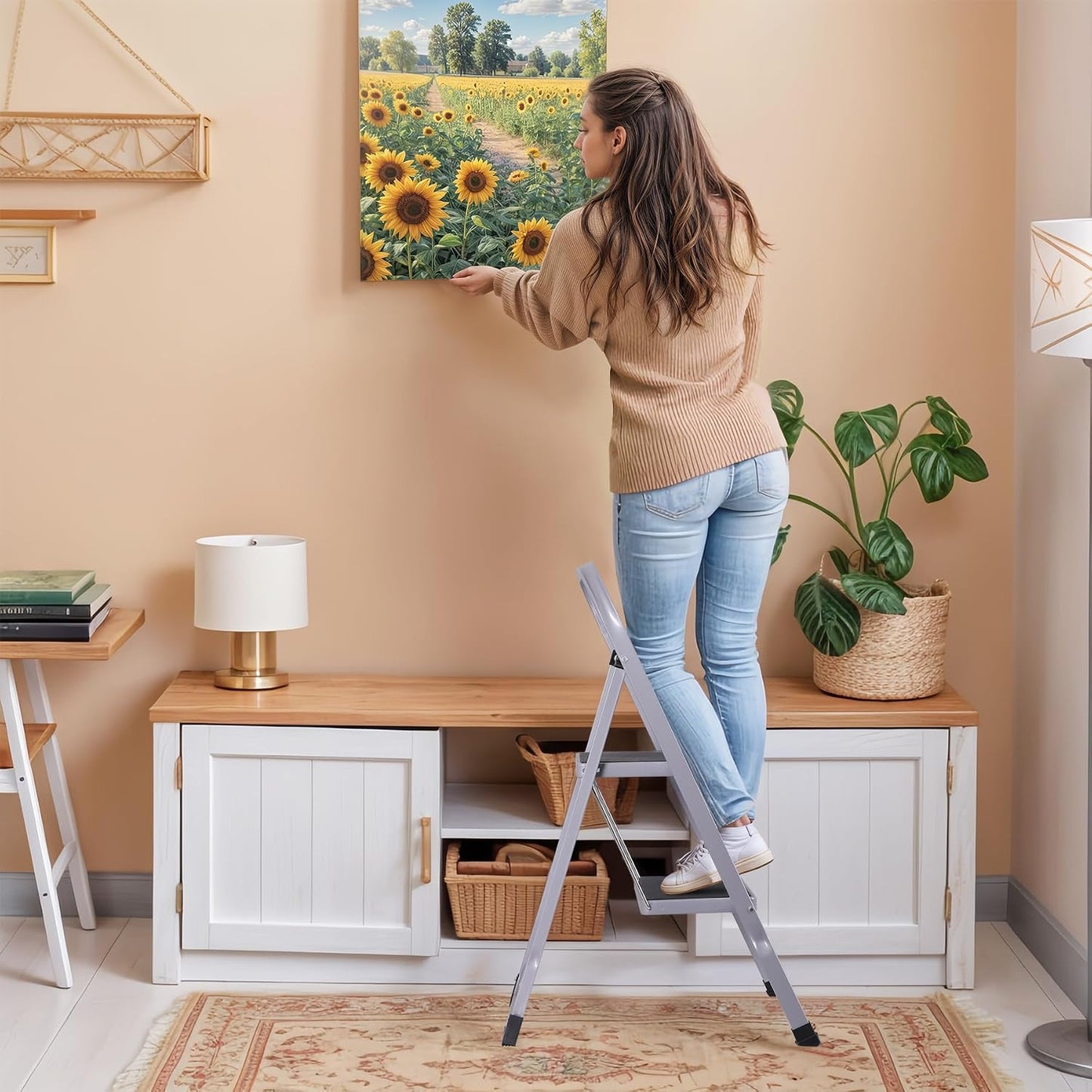 ZENY 2 Step Ladder Folding Step Stool with Wide Anti-Slip Pedal, Convenient Handgrip, Portable Steel Step Stool, 300 lbs Sturdy Steel Ladder for Household and Office, Gray