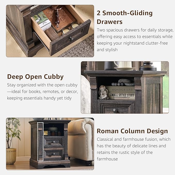 Farmhouse Nightstand with Charging Station, Wooden Sofa Side Table w/Roman - Image 5
