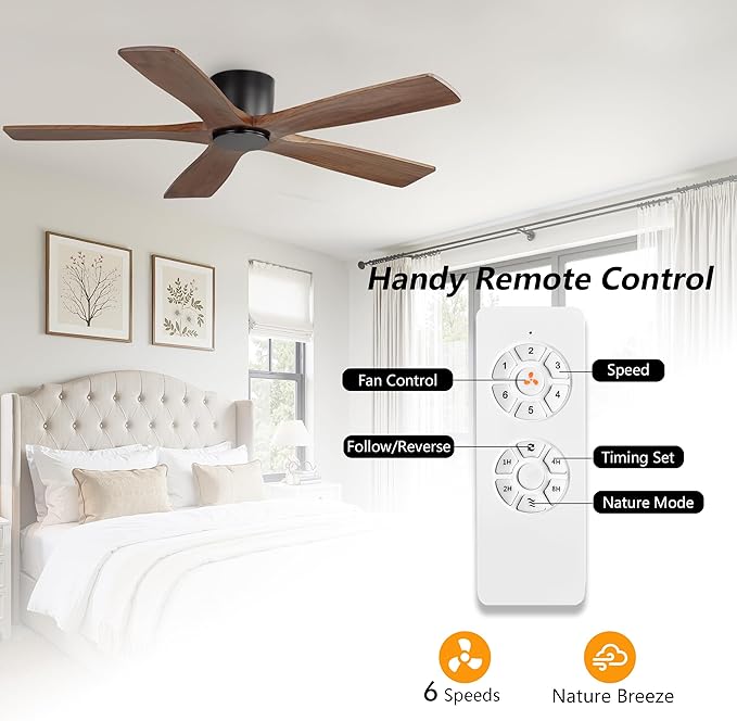WINGBO 54" Flush Mount DC Ceiling Fans without Lights, 5 Carved Solid Wood - Image 7